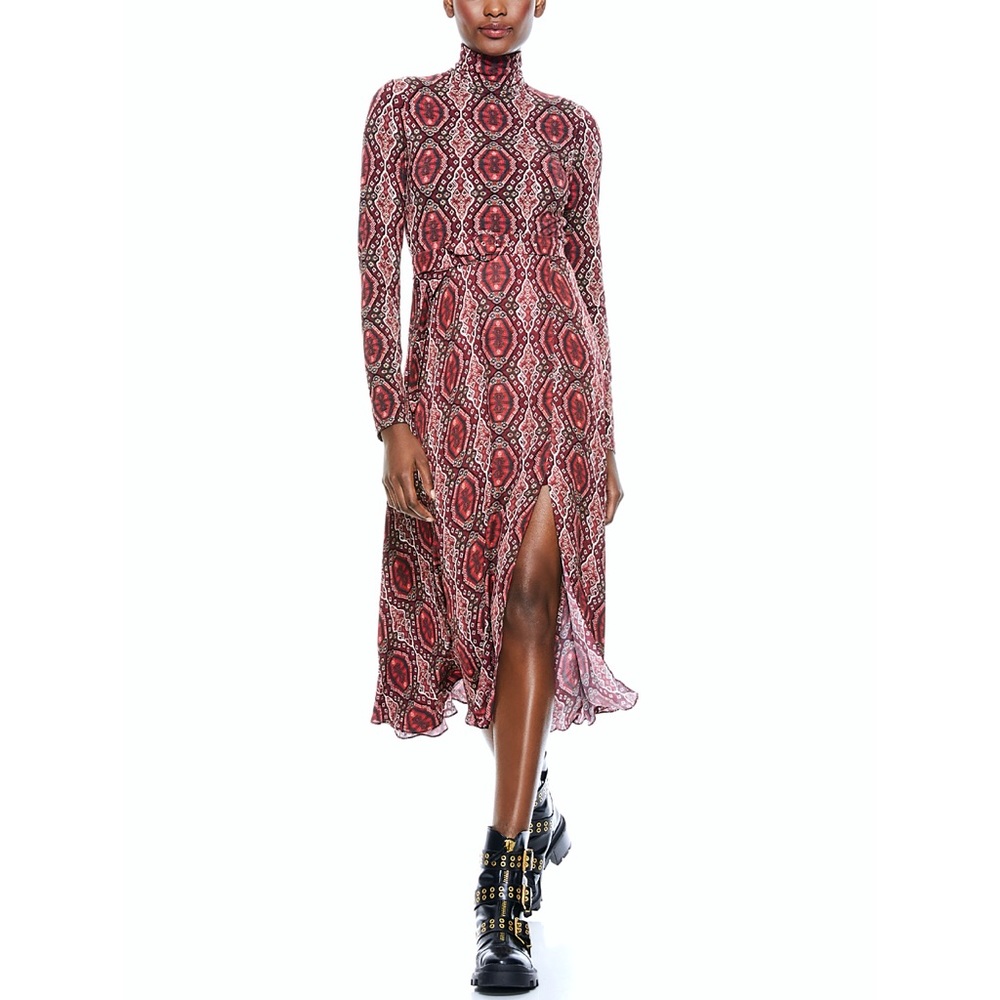 Alice + Olivia Clare Turtleneck Long Sleeve Midi Boho Burgundy Red Dress - Picture 4 of 16